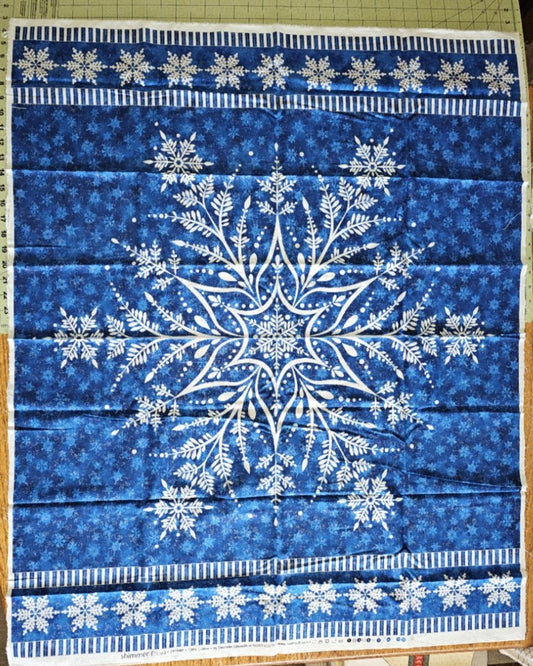 Shimmer Frost Snowflake panel Blue/Silver Metallic designed by Deborah Edwards for Northcott Fabrics 24194M-46